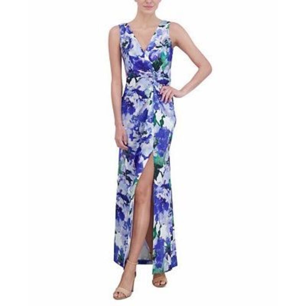 Eliza J Floral-Print Twist-Front Gown in Blue White Size 4